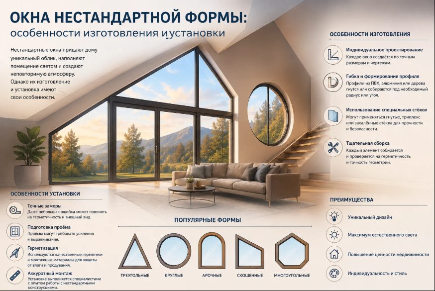 Окна нестандартной формы: особенности изготовления и установки.
